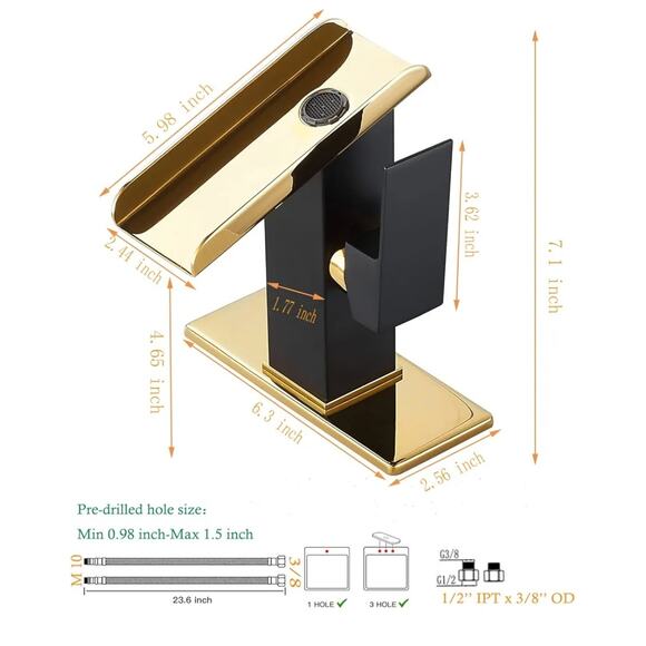 Modern Black Gold Waterfall Bathroom Faucet 1-Hole w/ Cover Plate - Picture 7 of 9